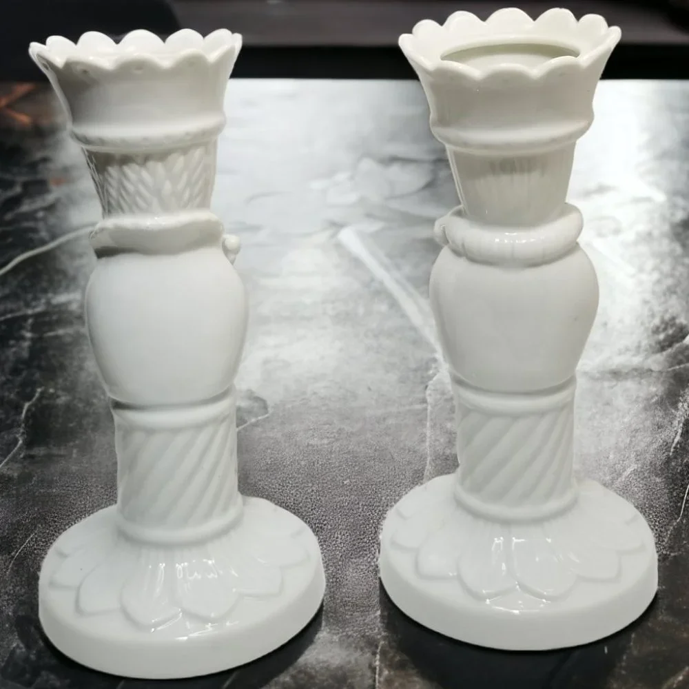 King & Queen Tappered Candle Holder Swiss Set Colum Sculpture White Porcelain - Picture 3 of 14